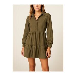 ZARA Olive Green Tiered Mini Dress Corduroy Collared Long Sleeve – Size M